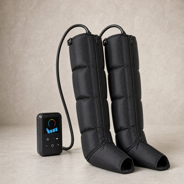 Revora Compression Recovery Boots: full-leg boots with open toes and the control unit