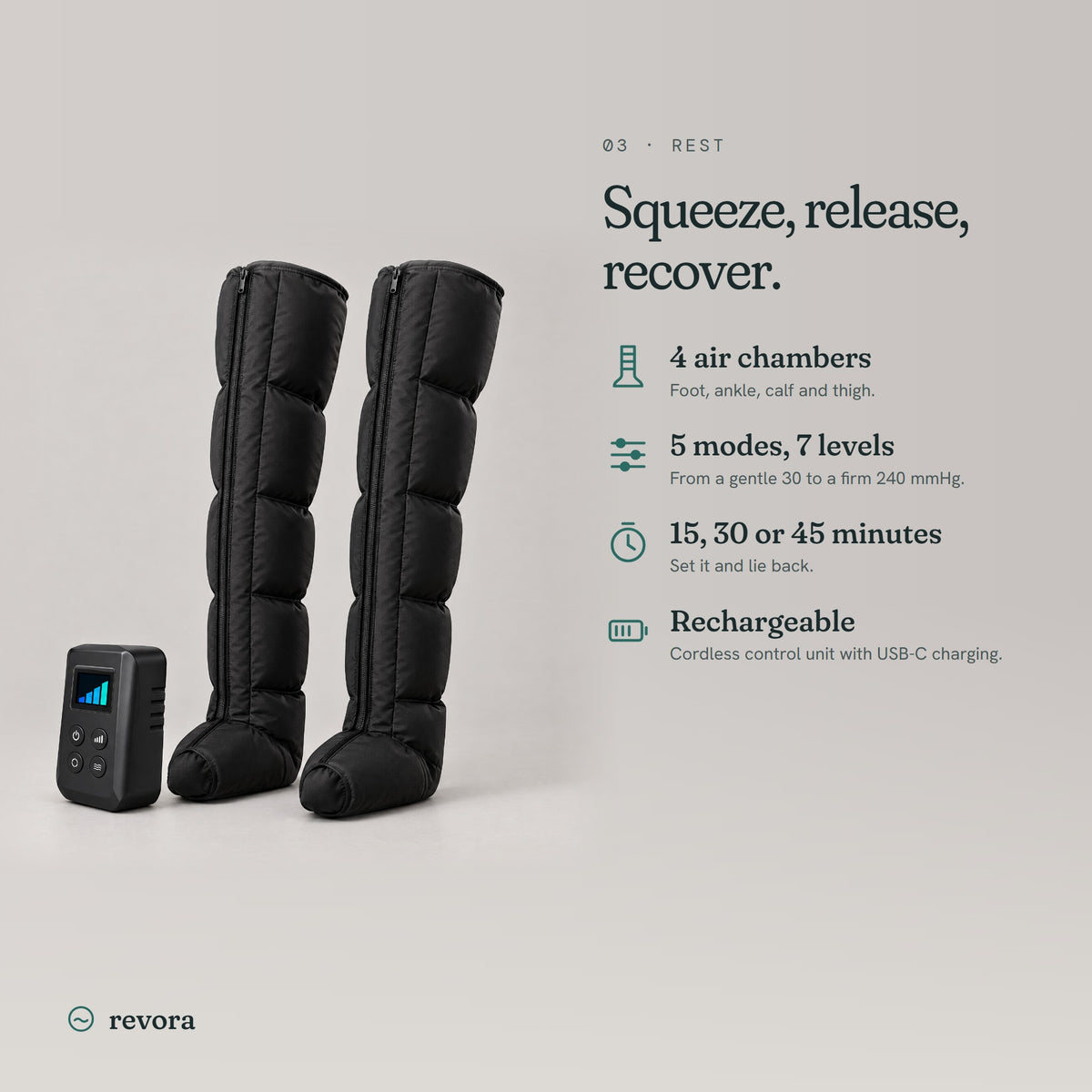 Features: four air chambers, five modes and seven levels, 15 to 45 minute timer, rechargeable