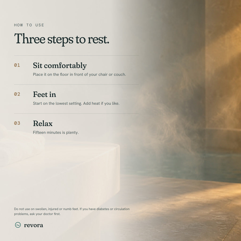 How to use: sit comfortably, feet in, relax for fifteen minutes