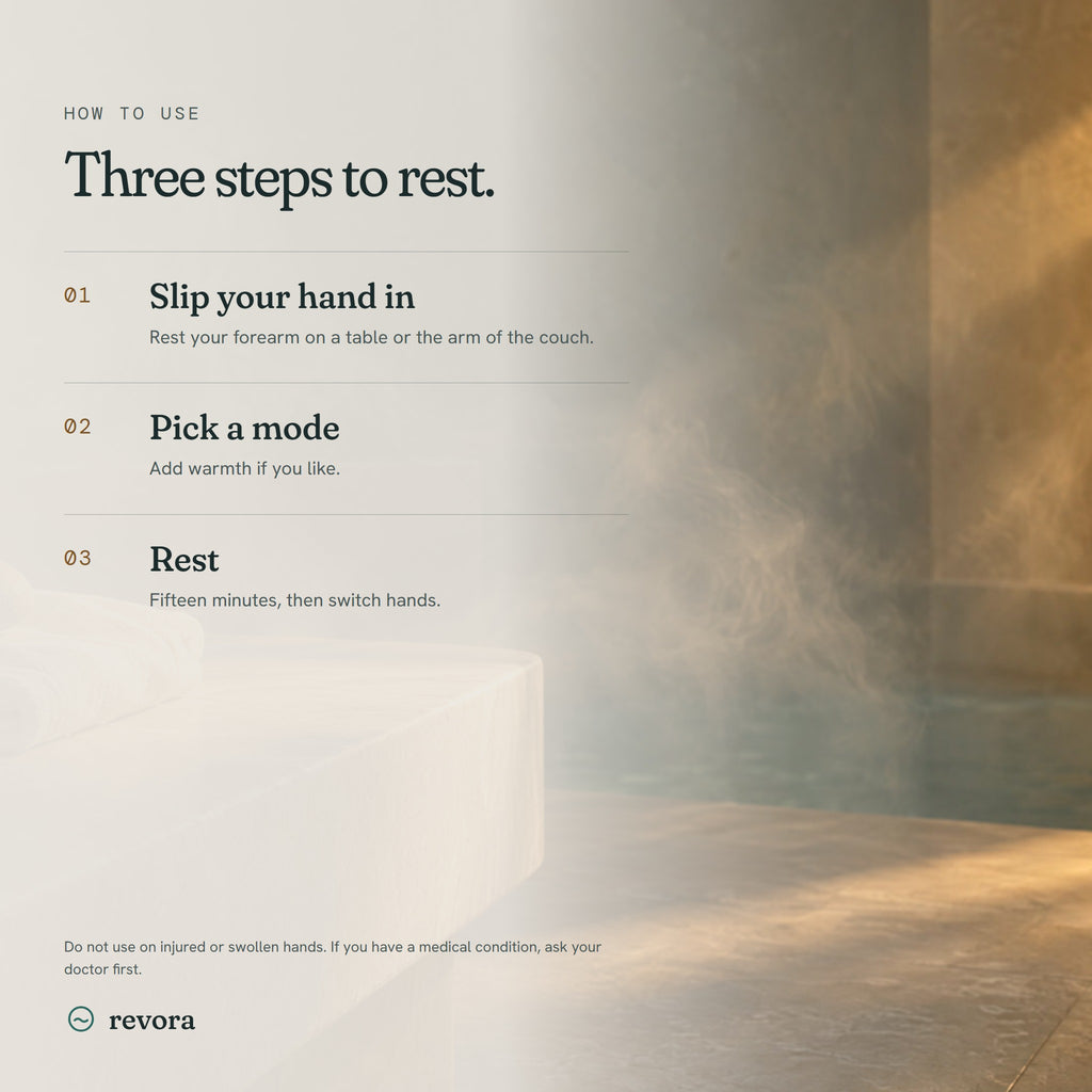How to use: slip your hand in, pick a mode, rest for fifteen minutes