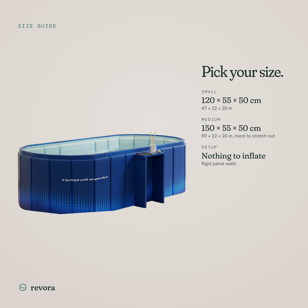 Size guide: small 120 × 55 × 50 cm, medium 150 × 55 × 50 cm