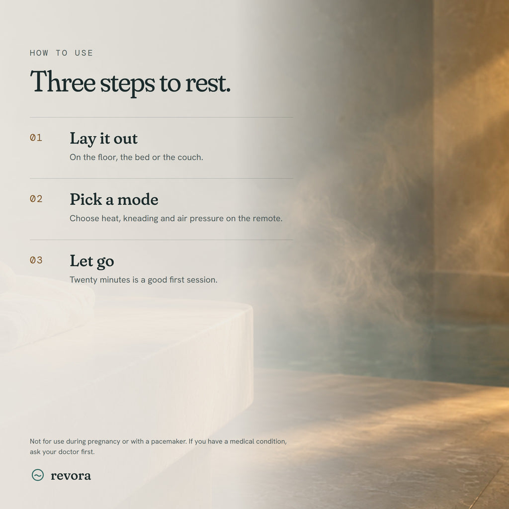 How to use: lay it out, pick a mode, let go for twenty minutes