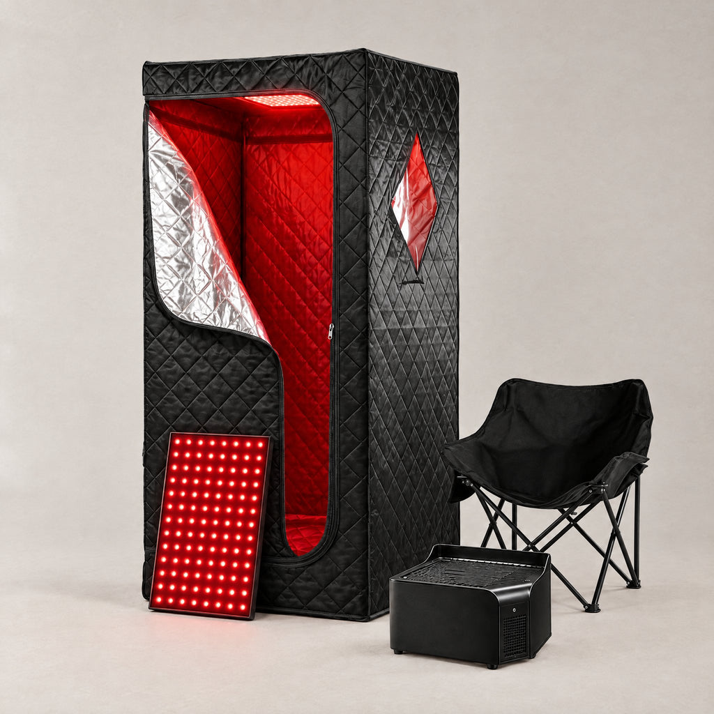 Revora Infrared Home Sauna: black quilted sauna tent with the red light panel, heater and folding chair