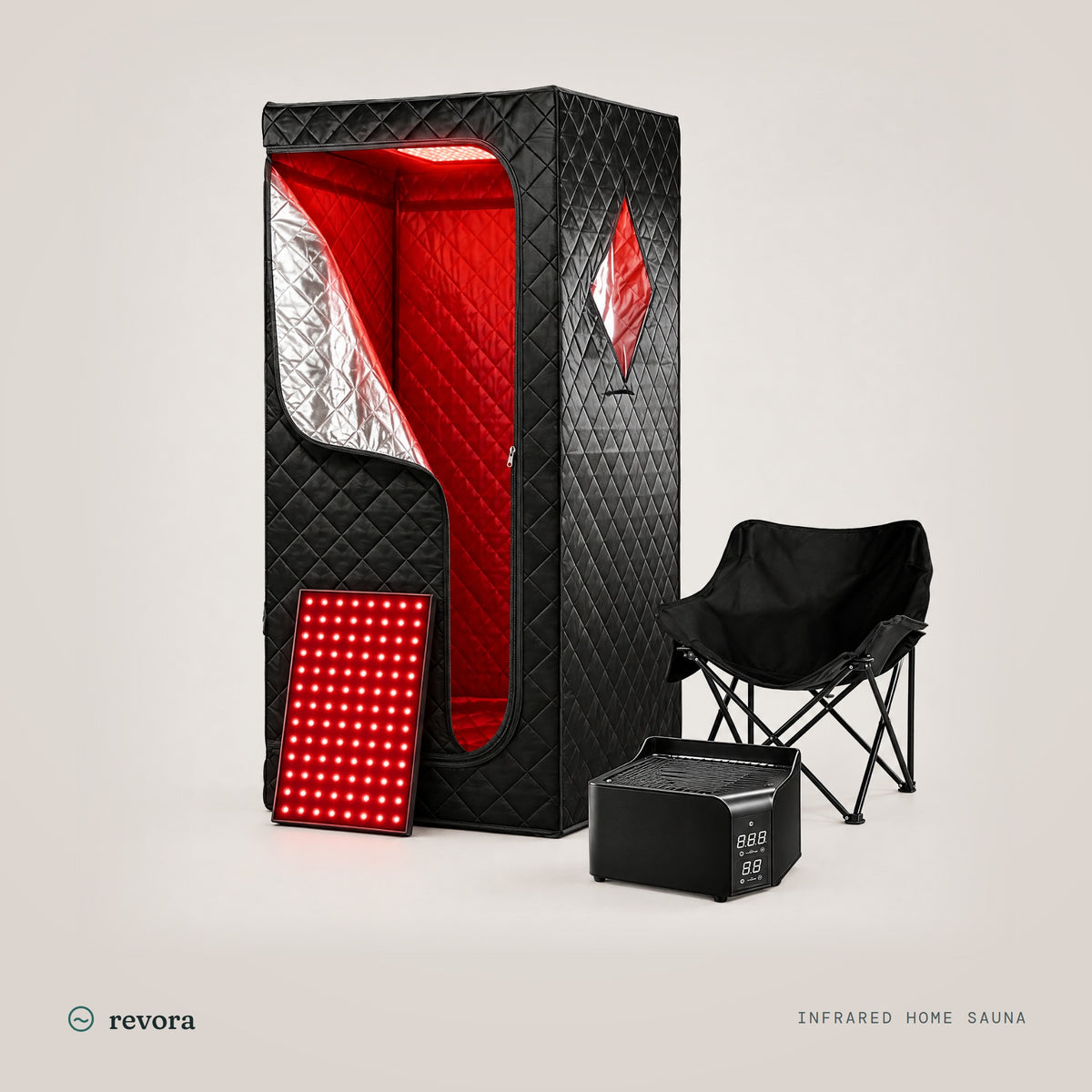 Revora Infrared Home Sauna with red light panel, heater and folding chair
