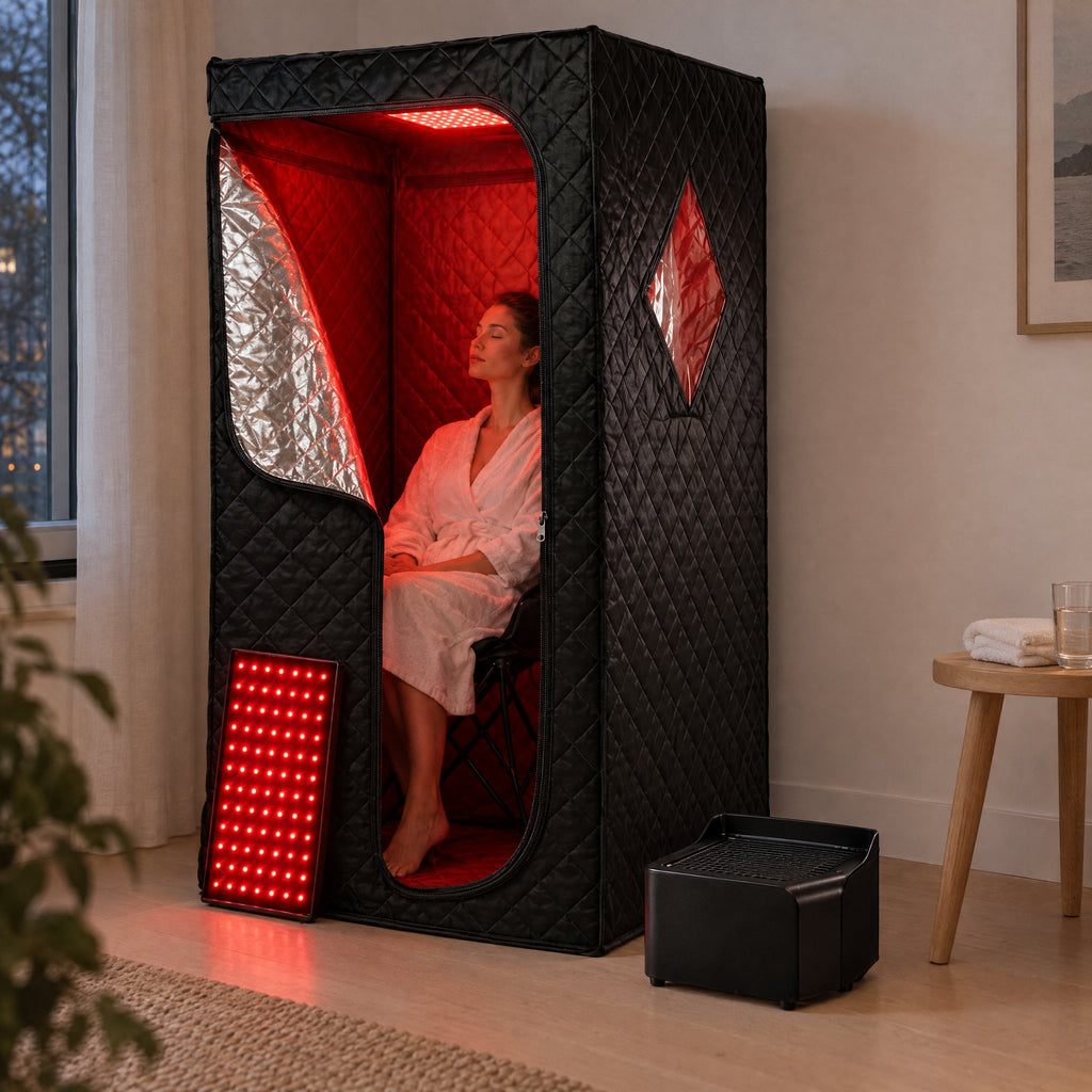 A woman in a robe relaxing inside the sauna tent in a spare room at home
