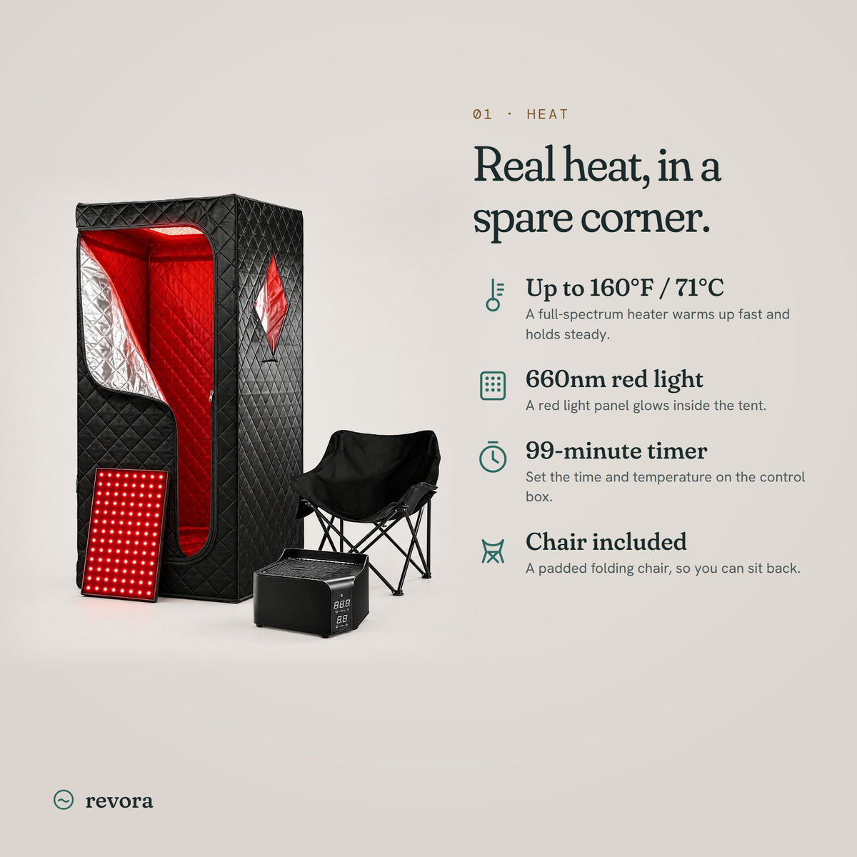 Sauna features: up to 160°F, 660nm red light, 99-minute timer, chair included