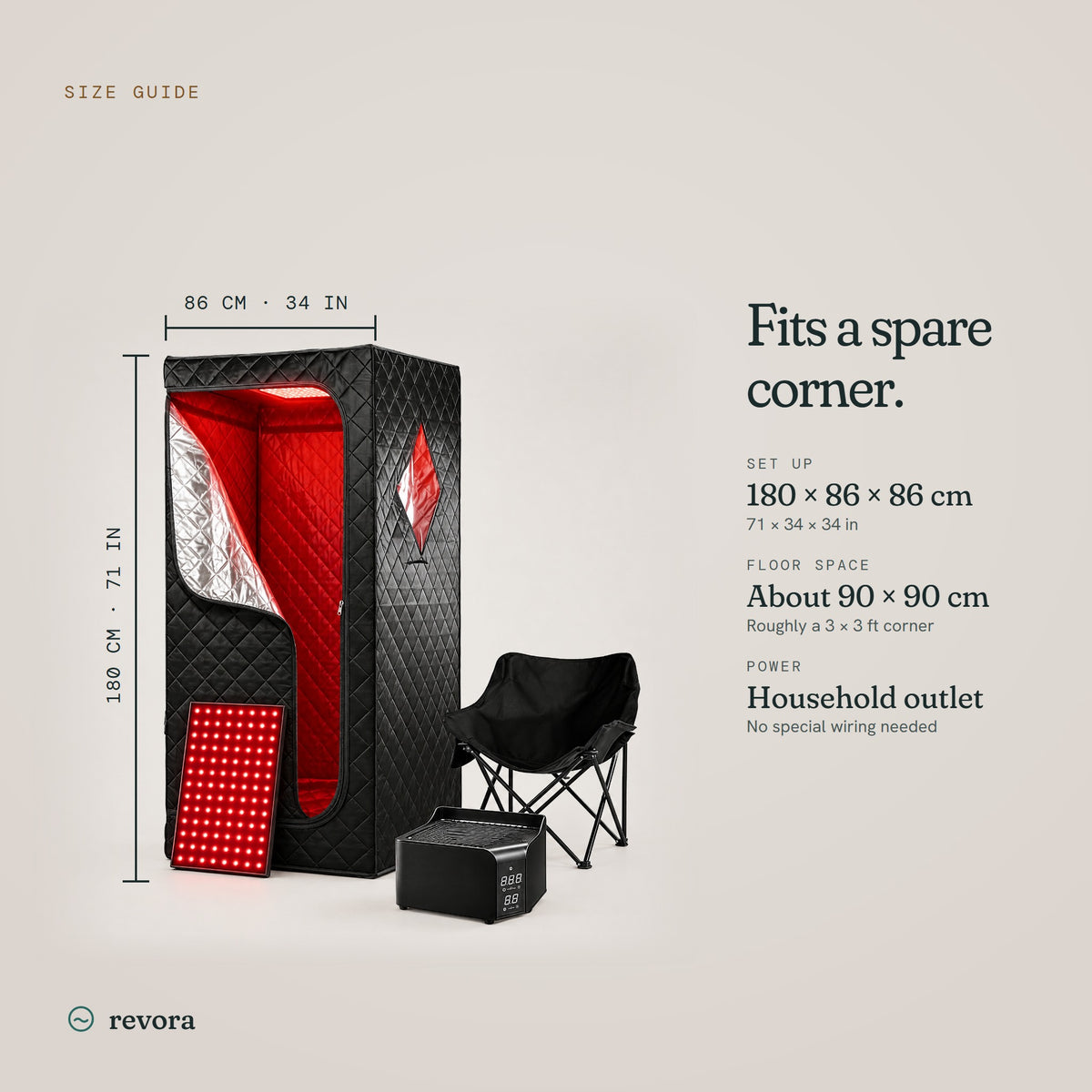 Sauna size guide: 180 × 86 × 86 cm, about 90 × 90 cm of floor space