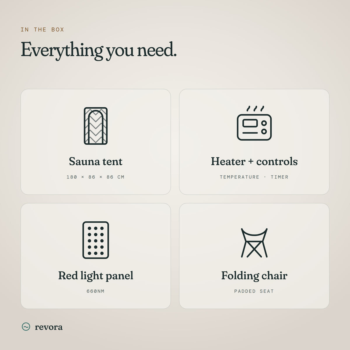 In the box: sauna tent, heater with controls, red light panel, folding chair