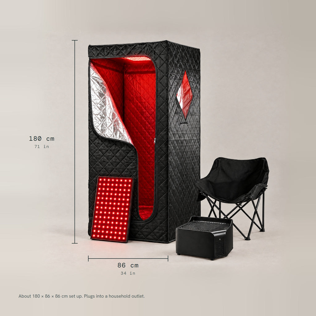 Sauna size: 180 cm tall and 86 cm wide, about 180 × 86 × 86 cm set up