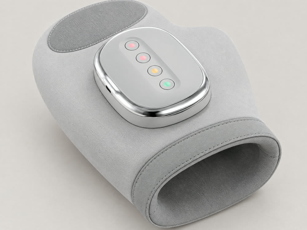 The Hand Massager, a soft grey glove-shaped device