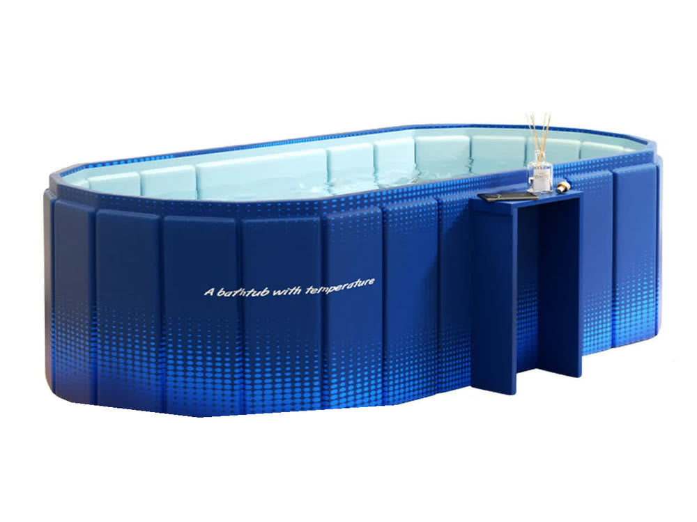 The Insulated Plunge, a rigid blue oval tub with a side shelf