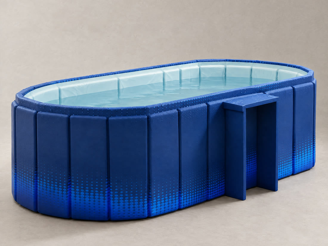 The Insulated Plunge, a rigid blue oval tub with a side shelf