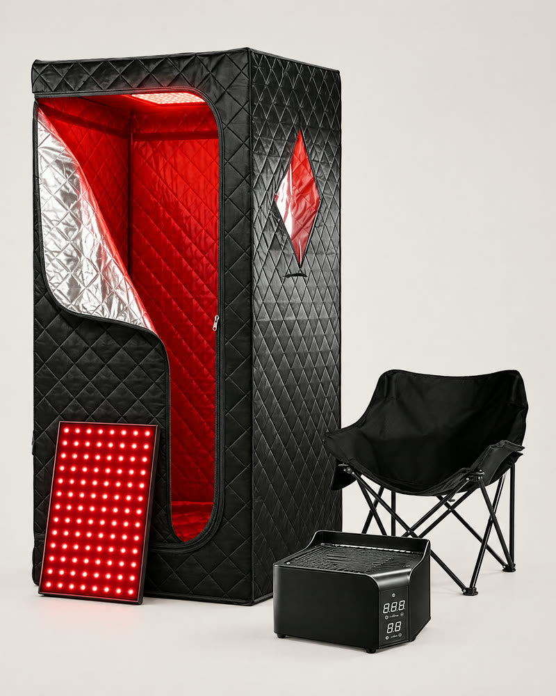 The Revora infrared sauna: a black quilted sauna tent with a red light panel and a heater